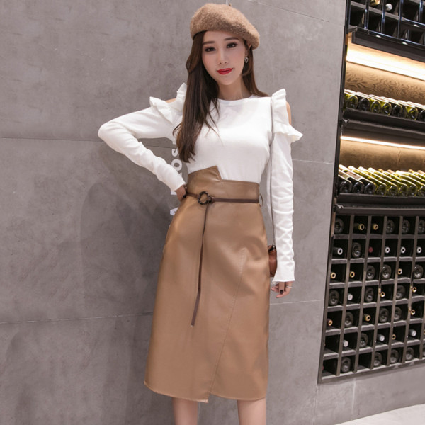 Hosszú aszimmetrikus szoknya eko bőrből, barna és fekete színben, övvel