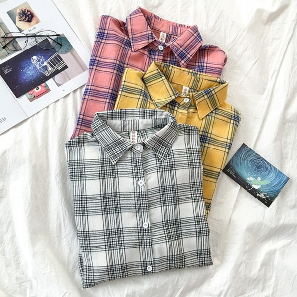 Retro stílusú kockás női ing, hosszú ujjal és klasszikus gallérral