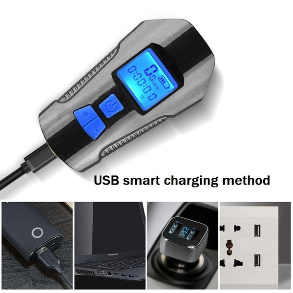 Vízálló kerékpáros fényszóró USB töltéssel és szürke digitális kijelzővel
