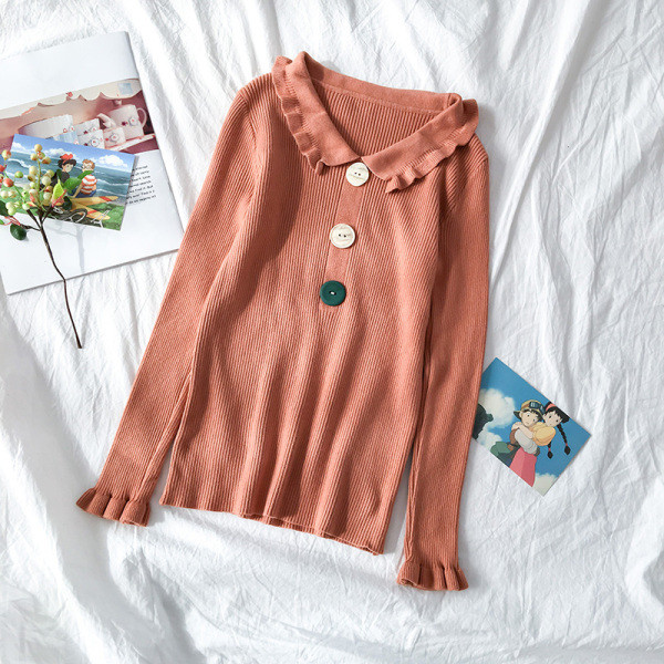 Rózsaszín és narancssárga női blúz, gombokkal és hosszú ujjal