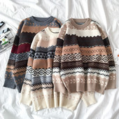 Pulover de dama in stil retro in bej, gri si maro cu decolteu rotund