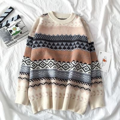 Pulover de dama in stil retro in bej, gri si maro cu decolteu rotund