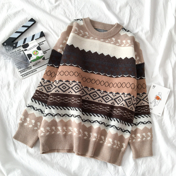 Pulover de dama in stil retro in bej, gri si maro cu decolteu rotund