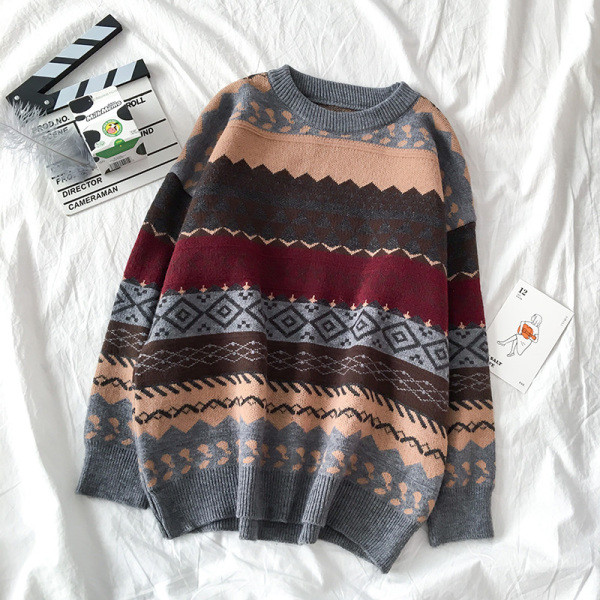 Pulover de dama in stil retro in bej, gri si maro cu decolteu rotund