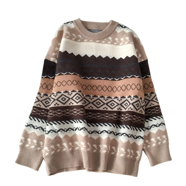 Pulover de dama in stil retro in bej, gri si maro cu decolteu rotund