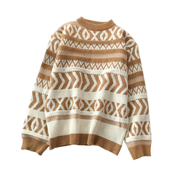 Női karácsonyi pulóver fekete és barna színben, kerek nyakkivágással