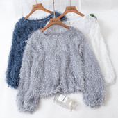 Női pulóver kerek nyakkivágással és rojtokkal kék, fehér, szürke, zöld, rózsaszín és barack színben