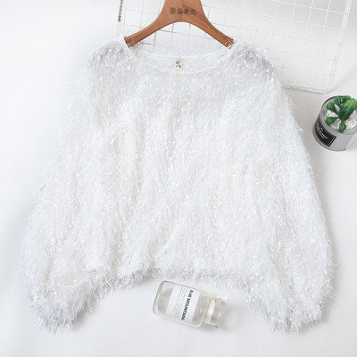 Női pulóver kerek nyakkivágással és rojtokkal kék, fehér, szürke, zöld, rózsaszín és barack színben