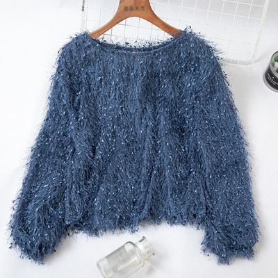 Női pulóver kerek nyakkivágással és rojtokkal kék, fehér, szürke, zöld, rózsaszín és barack színben