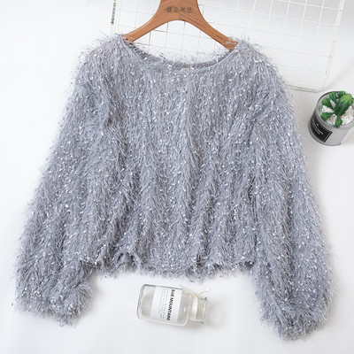 Női pulóver kerek nyakkivágással és rojtokkal kék, fehér, szürke, zöld, rózsaszín és barack színben