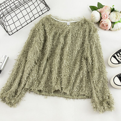 Női pulóver kerek nyakkivágással és rojtokkal kék, fehér, szürke, zöld, rózsaszín és barack színben