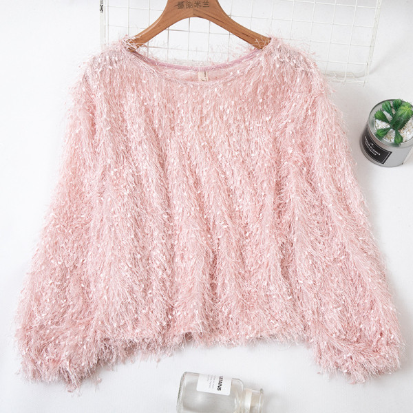 Női pulóver kerek nyakkivágással és rojtokkal kék, fehér, szürke, zöld, rózsaszín és barack színben