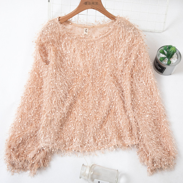 Női pulóver kerek nyakkivágással és rojtokkal kék, fehér, szürke, zöld, rózsaszín és barack színben