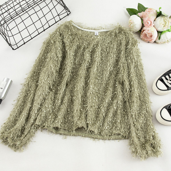 Női pulóver kerek nyakkivágással és rojtokkal kék, fehér, szürke, zöld, rózsaszín és barack színben