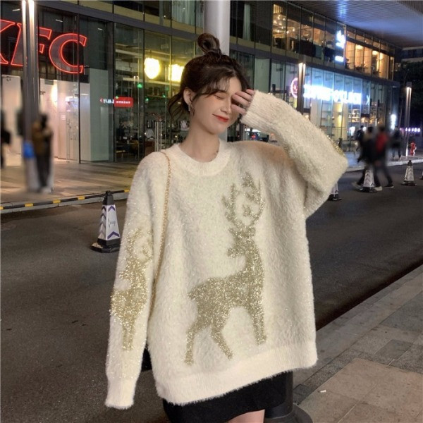 Pulover de damă din puf cu motiv de Crăciun în roșu, galben și bej