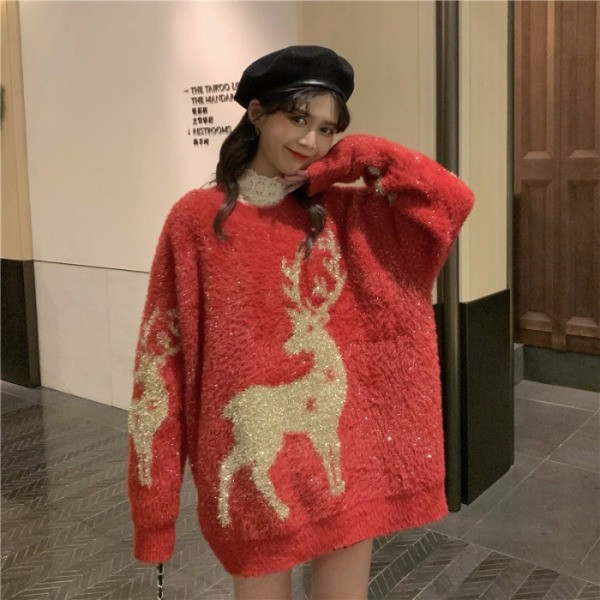 Pulover de damă din puf cu motiv de Crăciun în roșu, galben și bej