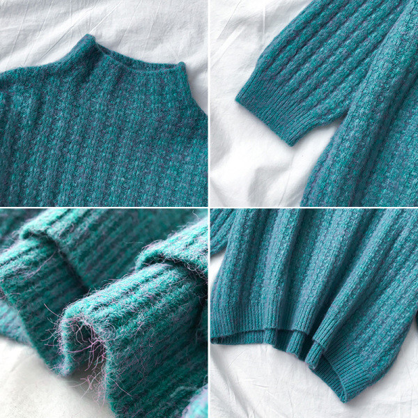 Női pulóver félmagas gallérral, kék, lila és bézs színben