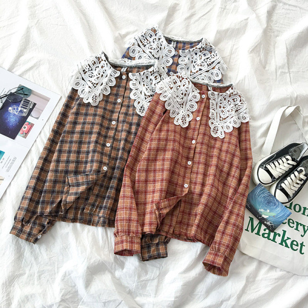 Retro stílusú női ing három színben, csipkével és hosszú ujjal