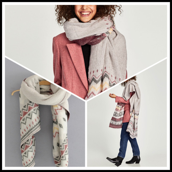 Modern hosszú téli sál szürke és mintás mintával