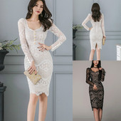 Κομψό γυναικείο φόρεμα με  μακρύ μανίκι δαντέλες σε μπεζ και μαύρο χρώμα