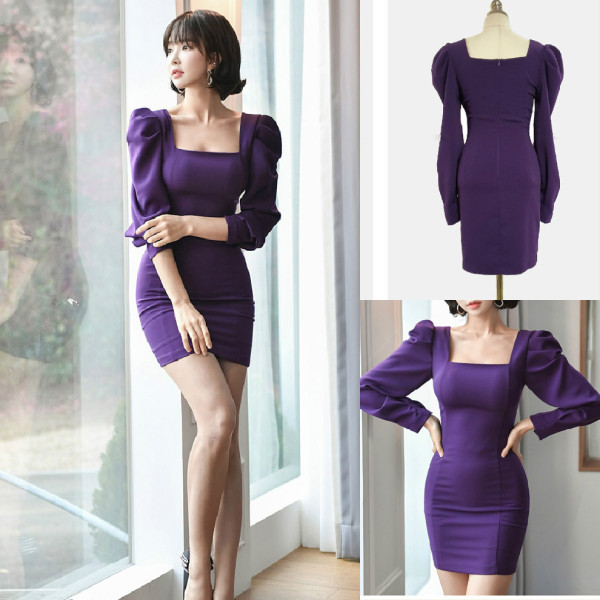 Aktuális női ruha szögletes nyakkivágással, lila színben puffos ujjakkal