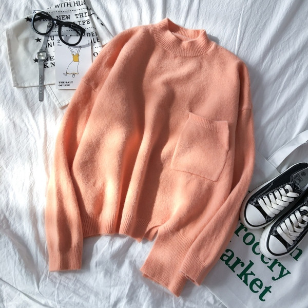 Γυναικείο πουλόβερ σε πράσινο, λευκό και πορτοκαλί χρώμα με τσέπη και μακρύ μανίκι