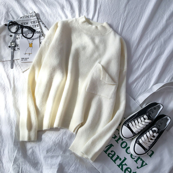 Γυναικείο πουλόβερ σε πράσινο, λευκό και πορτοκαλί χρώμα με τσέπη και μακρύ μανίκι