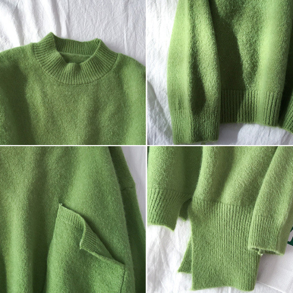 Γυναικείο πουλόβερ σε πράσινο, λευκό και πορτοκαλί χρώμα με τσέπη και μακρύ μανίκι