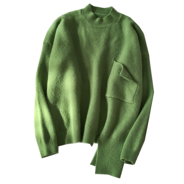 Γυναικείο πουλόβερ σε πράσινο, λευκό και πορτοκαλί χρώμα με τσέπη και μακρύ μανίκι