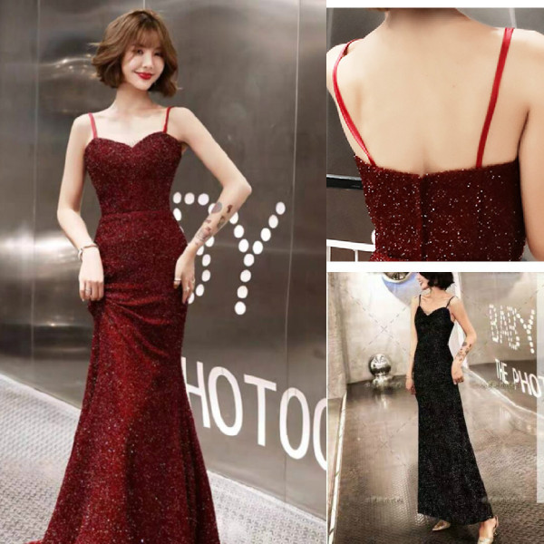 Elegáns hosszú női ruha vékony pántokkal, fényes hatású piros és fekete színben