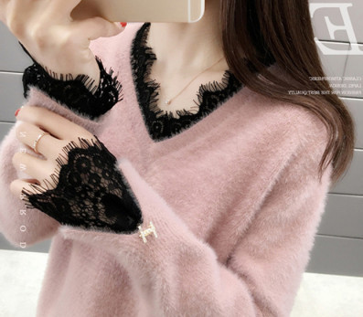 Női pehely pulóver csipkével és spitz nyakkivágással, rózsaszín, kék, sárga és fehér színben