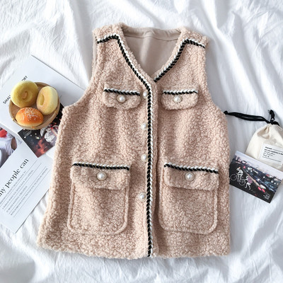 Vestă modernă de damă în bej, maro și alb, cu decolteu în V