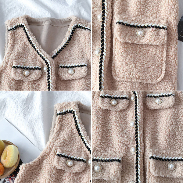 Vestă modernă de damă în bej, maro și alb, cu decolteu în V