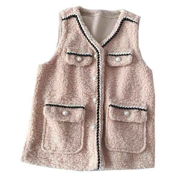 Vestă modernă de damă în bej, maro și alb, cu decolteu în V