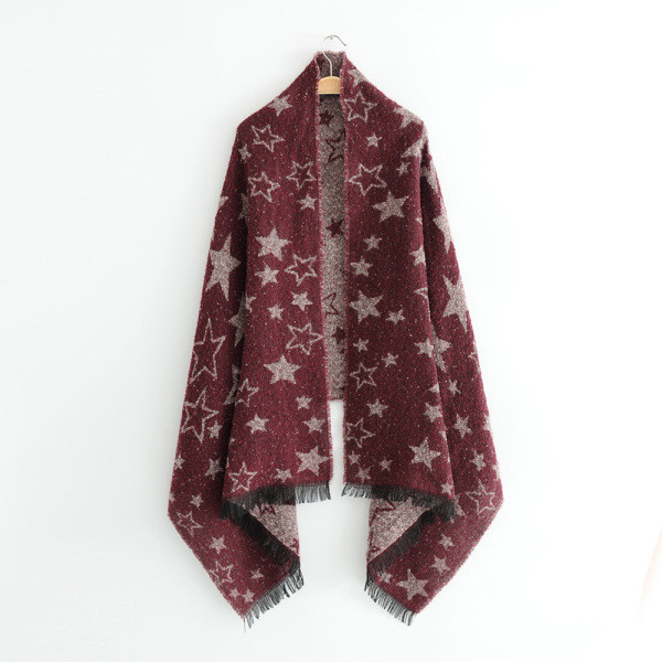 Vastag téli sál bordó színben, rátéttel és rojtokkal