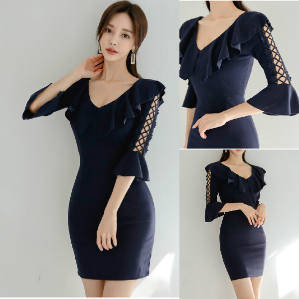 Új modell női ruha spitz nyakkivágással és 3/4 lótusz ujjú kék színben