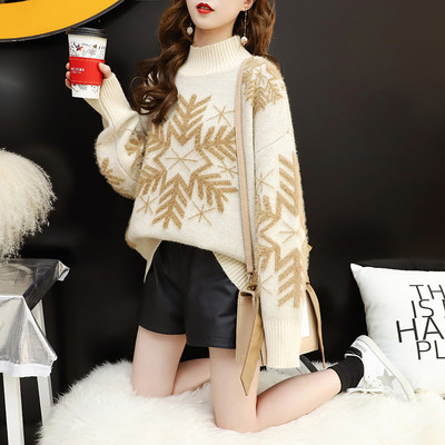 Női karácsonyi pulóver hópelyhekkel és pólógallérral piros, kék, zöld és bézs színben