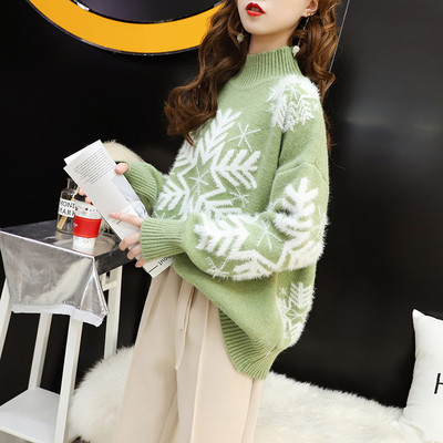 Női karácsonyi pulóver hópelyhekkel és pólógallérral piros, kék, zöld és bézs színben