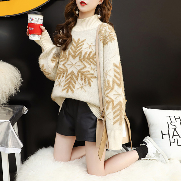 Női karácsonyi pulóver hópelyhekkel és pólógallérral piros, kék, zöld és bézs színben