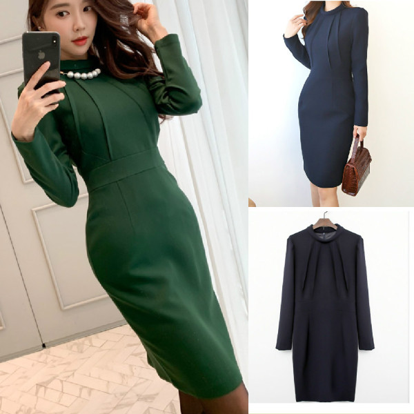 Modern női ruha alacsony gallérral, hosszú ujjú kék és zöld színben