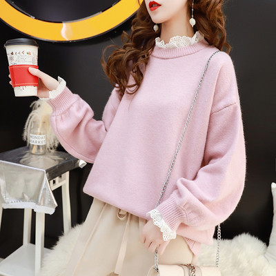 Női pulóver csipkével az ujján és a gallérján sárga, rózsaszín, fehér és kék színben