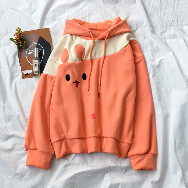 Hanorac de dama in portocaliu, verde si albastru cu broderie si gluga