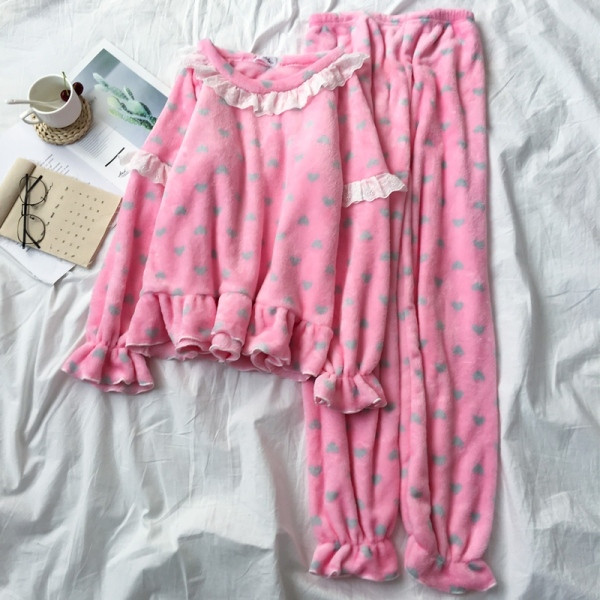 Kétrészes női téli pizsama rózsaszín és zöld színben