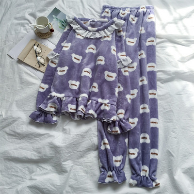 Női téli pizsama két részes kék, lila és rózsaszín színekben