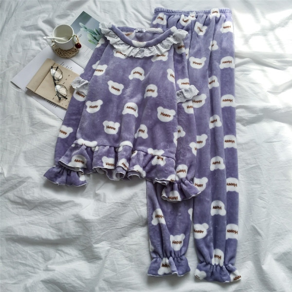 Női téli pizsama két részes kék, lila és rózsaszín színekben