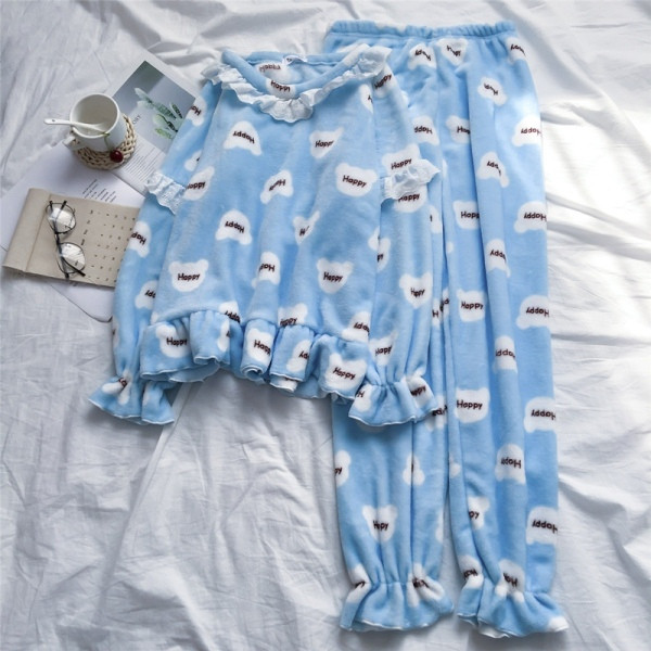 Női téli pizsama két részes kék, lila és rózsaszín színekben