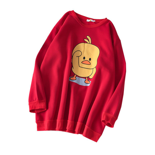 Piros és kék színű női blúz rátéttel és kerek nyakkivágással