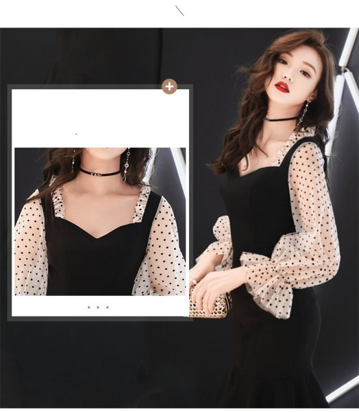 Modern hosszú női ruha pecsét ujjú - fekete színű