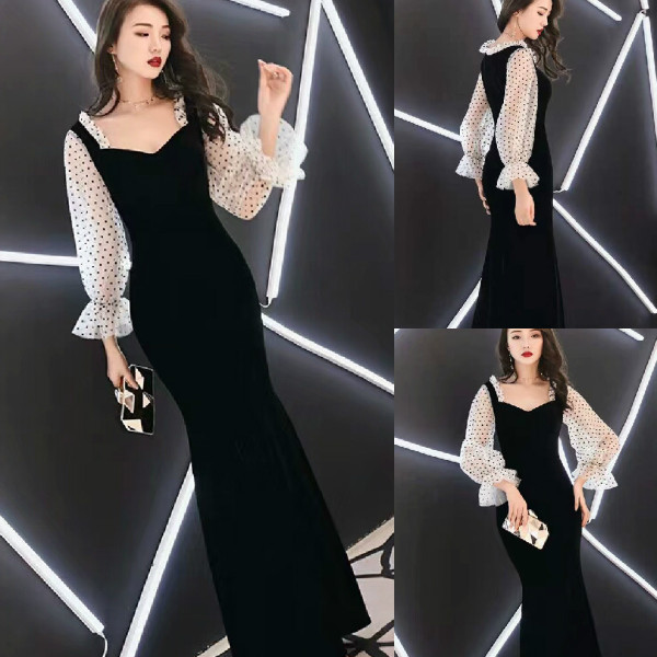 Modern hosszú női ruha pecsét ujjú - fekete színű