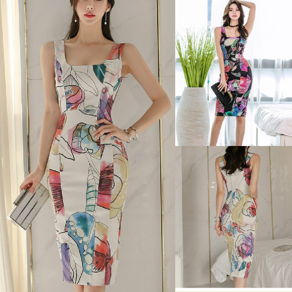 Színes női ruha négyzet alakú nyakkivágással és mintával - két színben